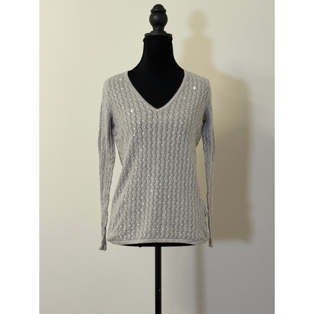 Light Grey Sparkly V-Neck Sweater by Dana Buchman